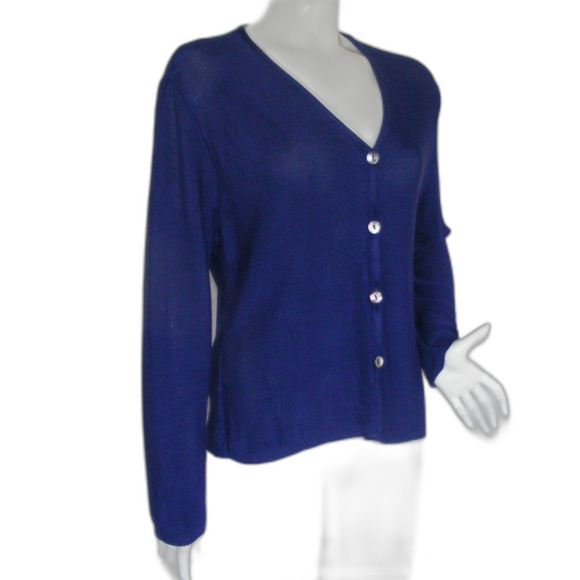 PRIVATE EDITION/CHICOS Cardigan, M/L, Mesh look, Blue, MOP buttons - Picture 2 of 10